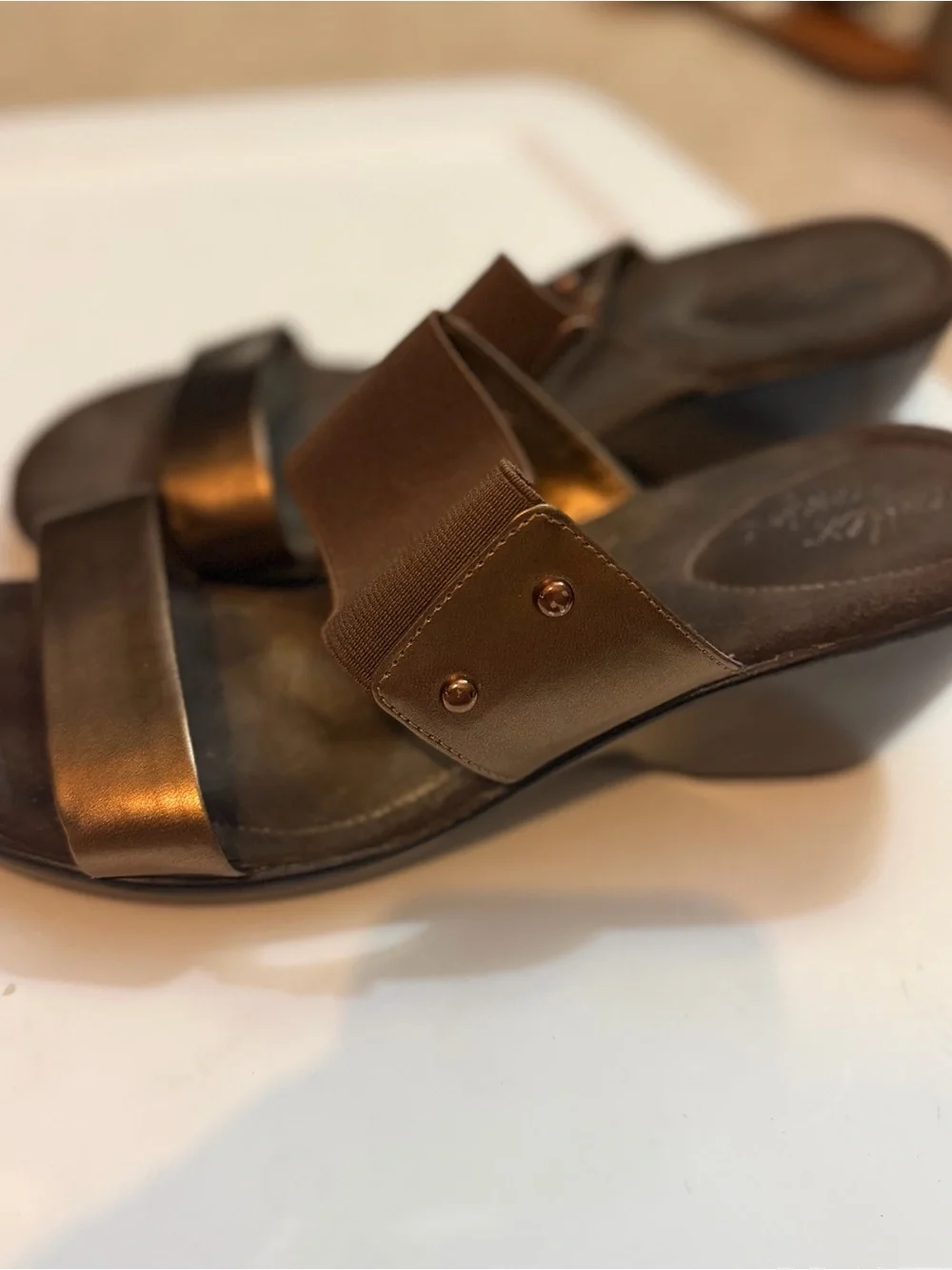 Dexflex Comfort Bronze Slide Wedge Sandals for Women| 9.5 Wide